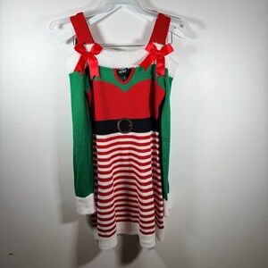 Planet Heart Christmas Elf Sweater Dress Cold Shoulder Striped Red Green Size S